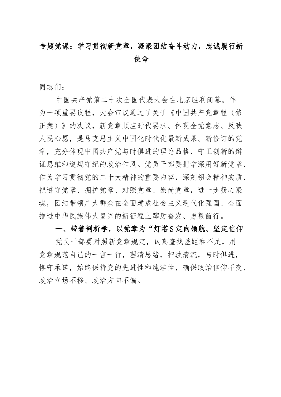 党课：学习贯彻新党章 凝聚团结奋斗动力 忠诚履行新使命.docx_第1页