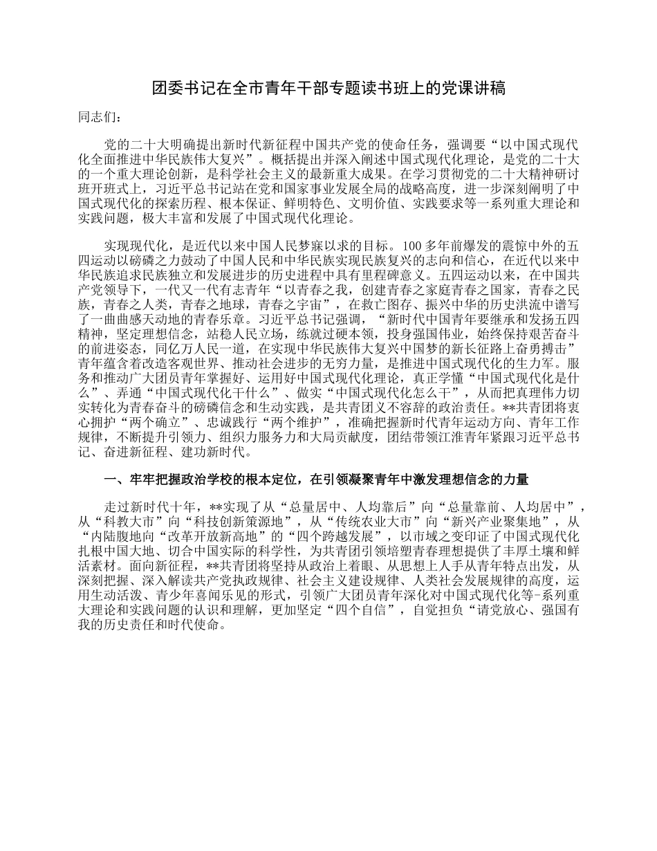 团委书记在全市青年干部专题读书班上的党课讲稿.docx_第1页