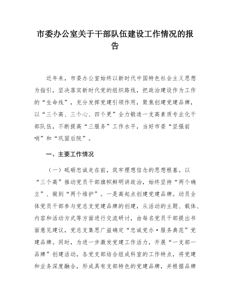市委办公室关于干部队伍建设工作情况的报告.docx_第1页