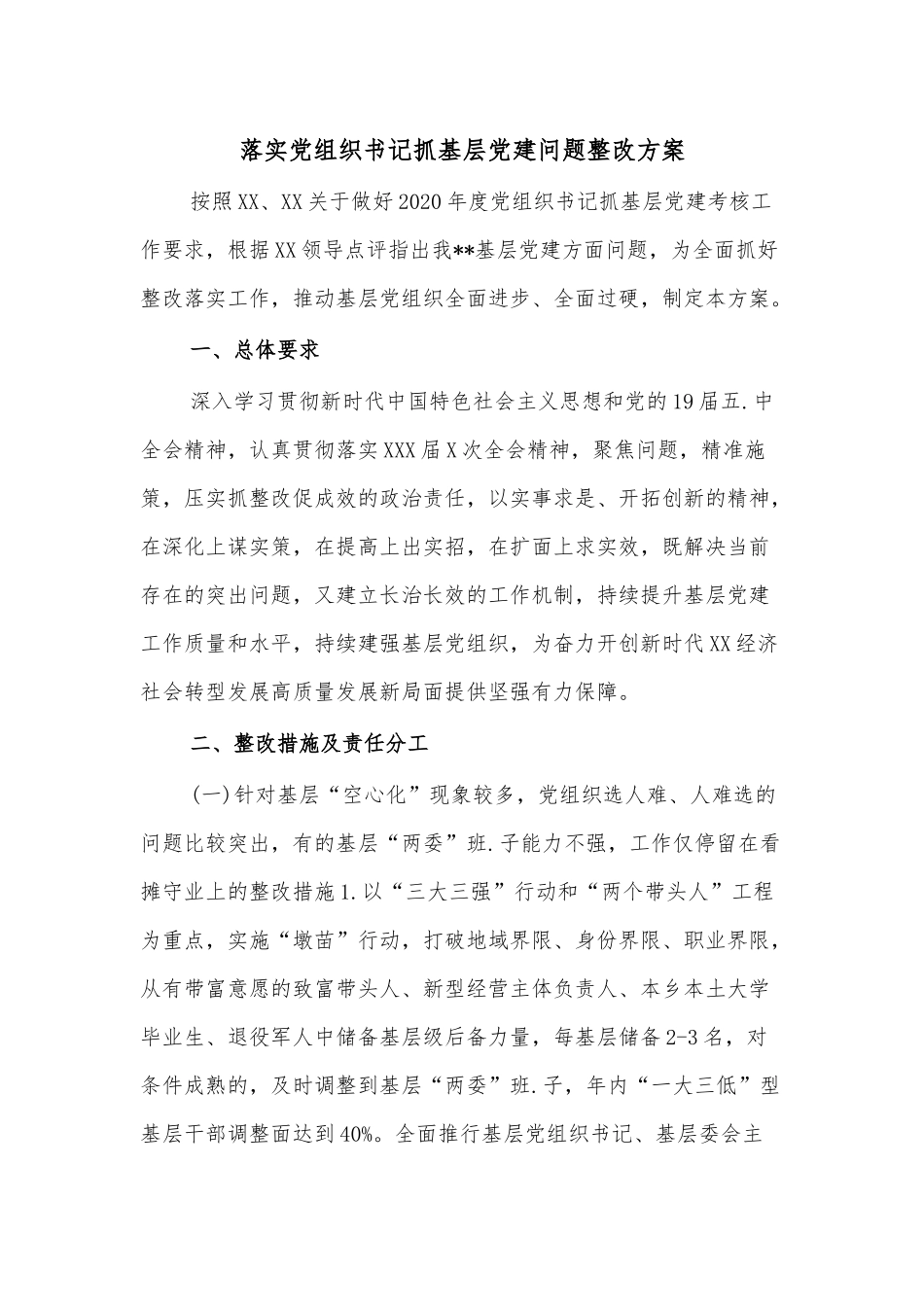 落实党组织书记抓基层党建问题整改方案.docx_第1页