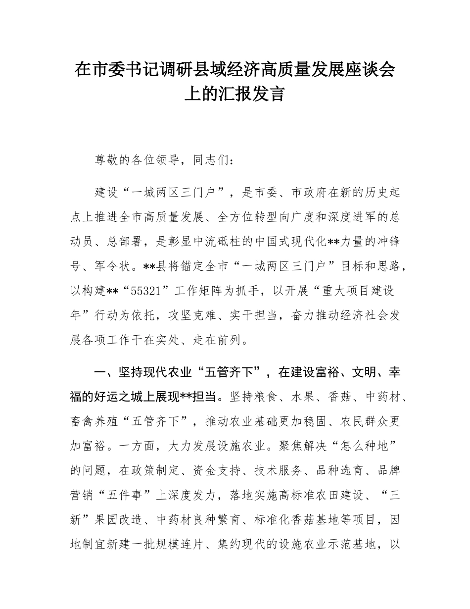 在市委书记调研县域经济高质量发展座谈会上的汇报发言.docx_第1页