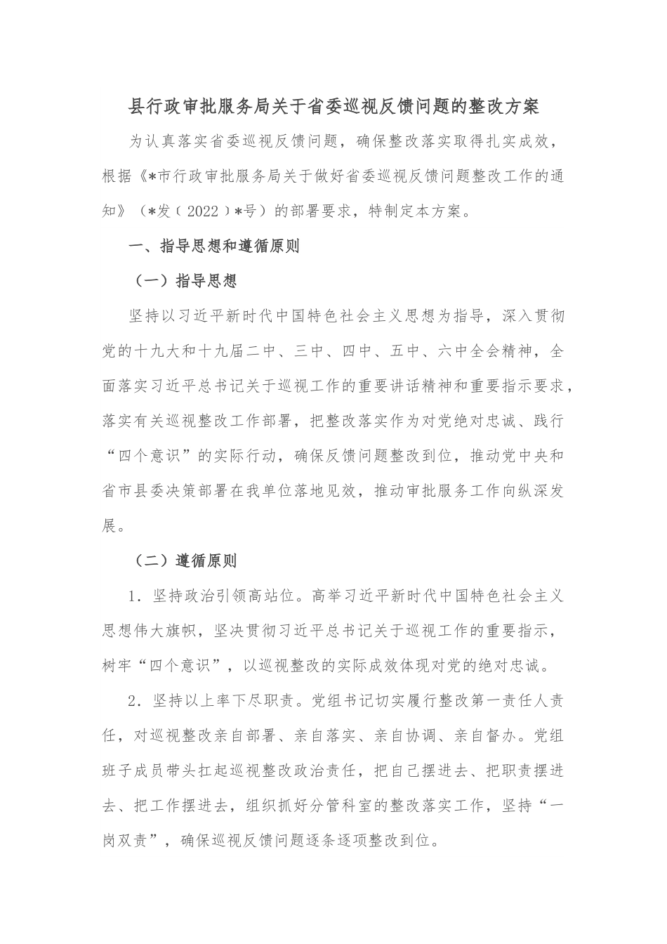 县行政审批服务局关于省委巡视反馈问题的整改方案.docx_第1页