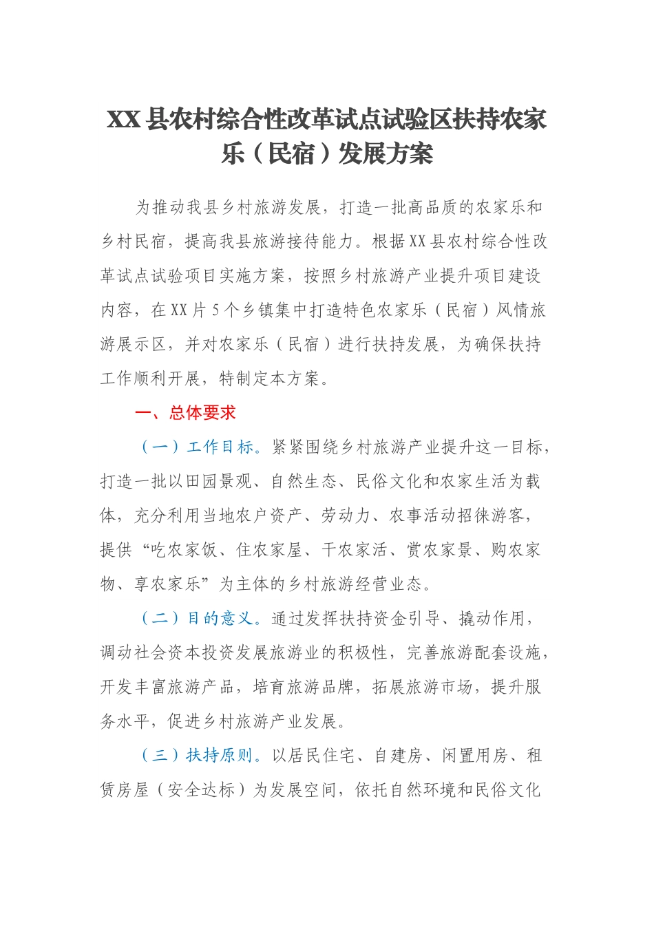 XX县农村综合性改革试点试验区扶持农家乐（民宿）发展方案.docx_第1页