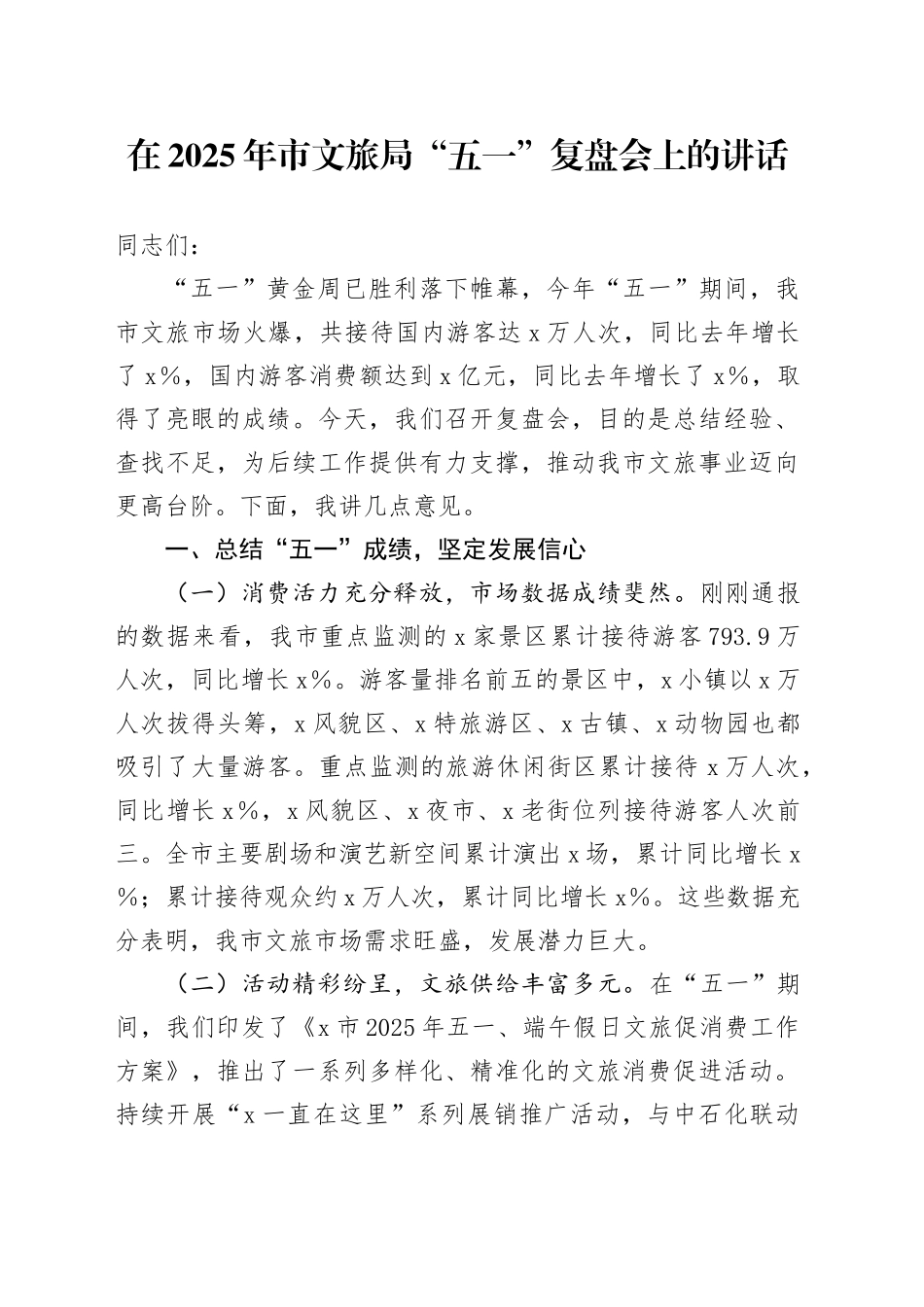 在2025年市文旅局“五一”复盘会上的讲话.docx_第1页