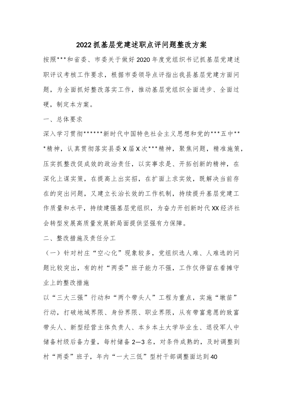 2022抓基层党建述职点评问题整改方案.docx_第1页