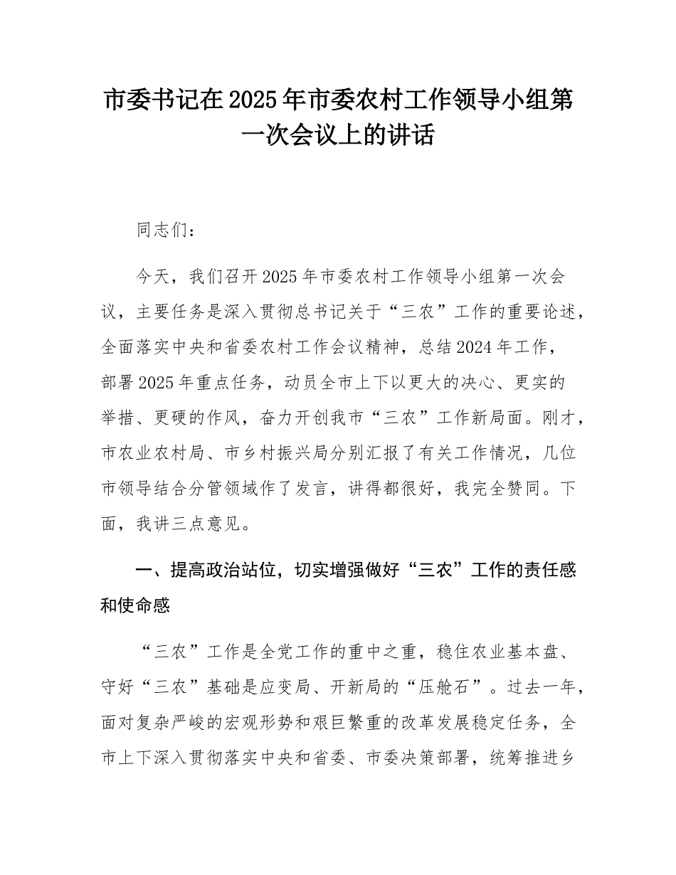 市委书记在2025年市委农村工作领导小组第一次会议上的讲话.docx_第1页