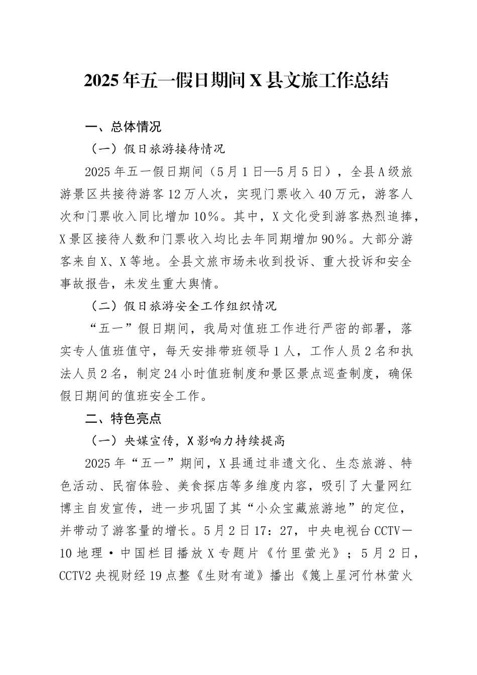 2025年五一假日期间X县文旅工作总结.docx_第1页