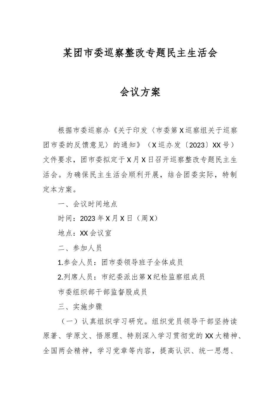 某团市委巡察整改专题民主生活会会议方案.docx_第1页