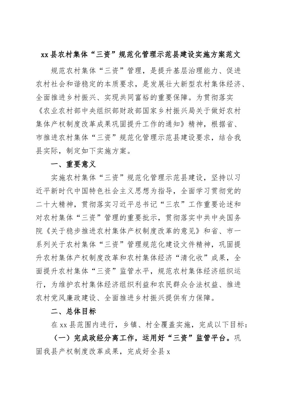 县农村集体三资规范化管理示范县建设工作实施方案.docx_第1页