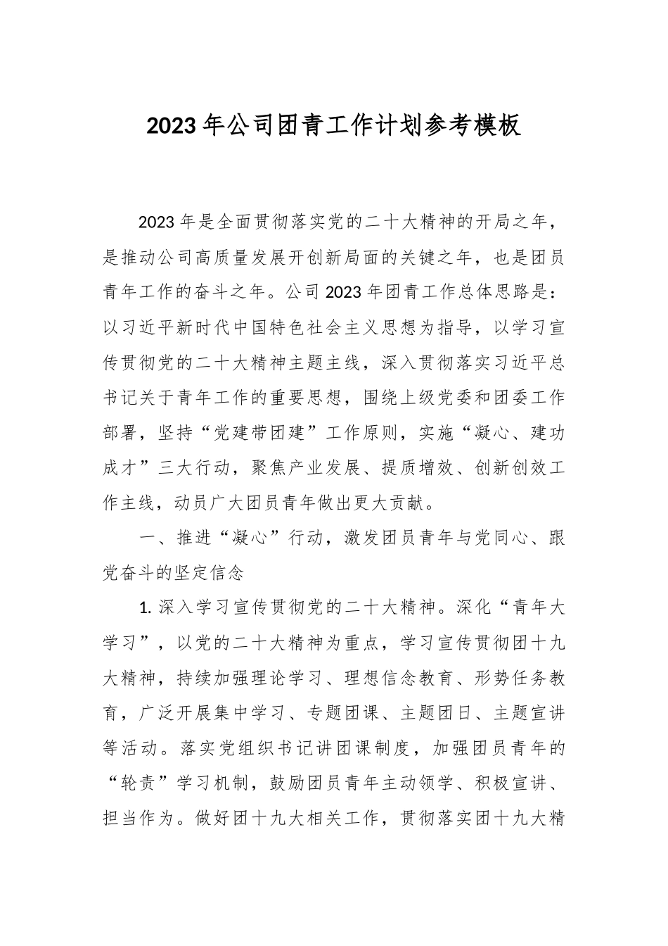2023年公司团青工作计划参考模板.docx_第1页