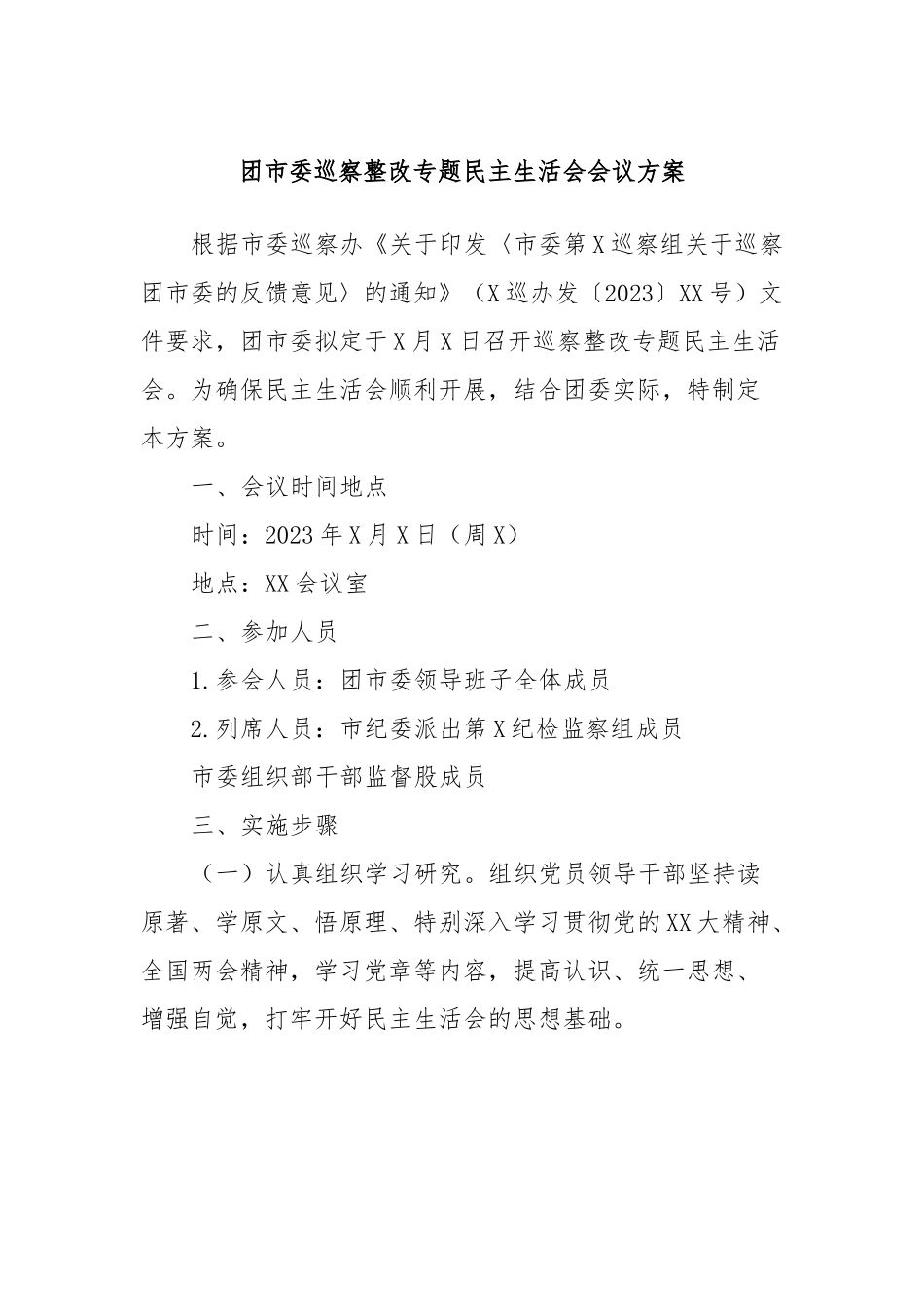 团市委巡察整改专题民主生活会会议方案.docx_第1页