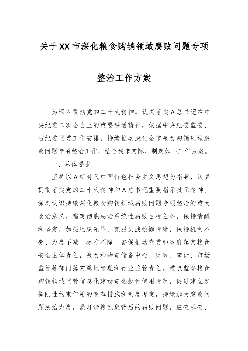 关于XX市深化粮食购销领域腐败问题专项整治工作方案.docx_第1页