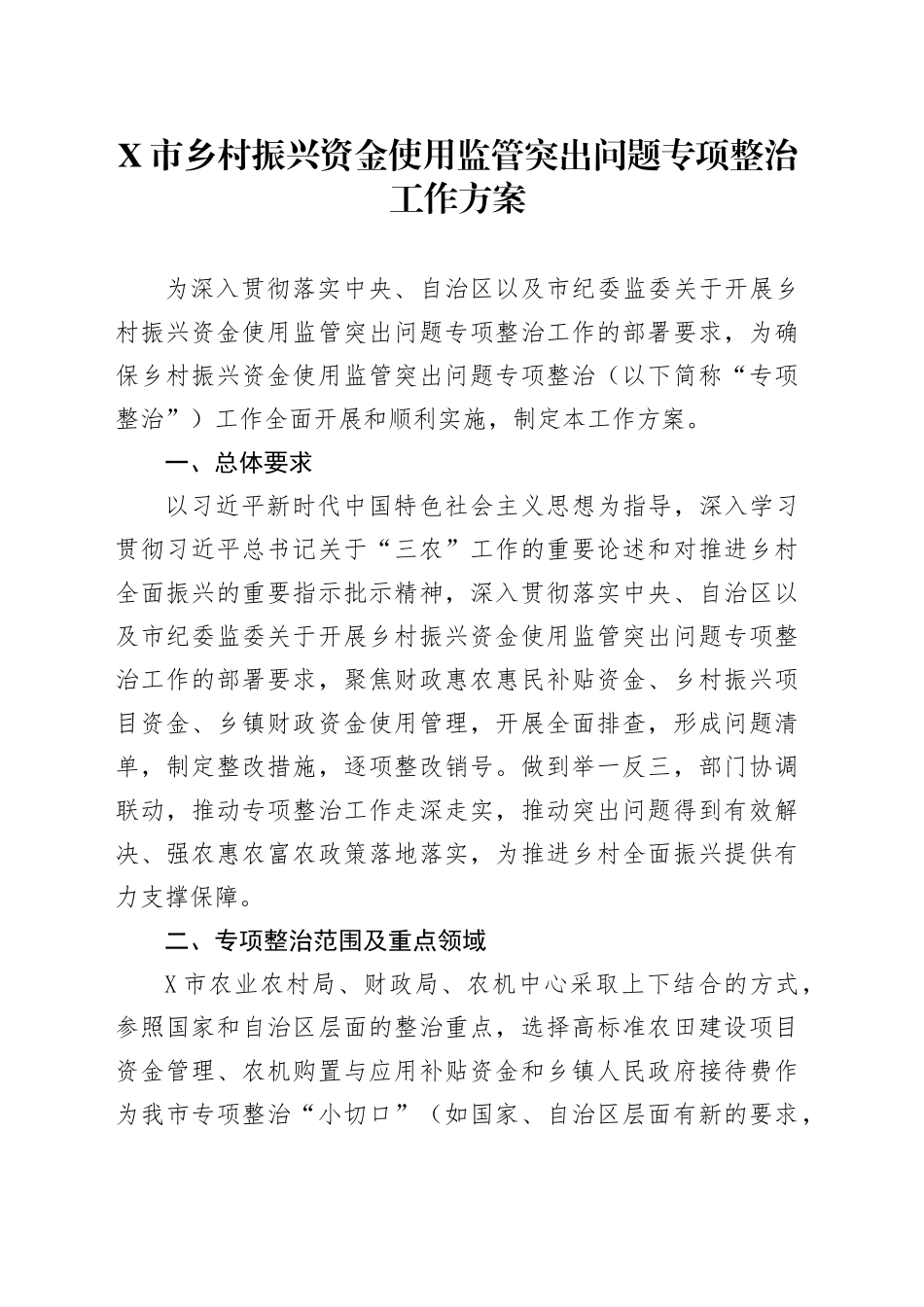 X市乡村振兴资金使用监管突出问题专项整治工作方案.docx_第1页