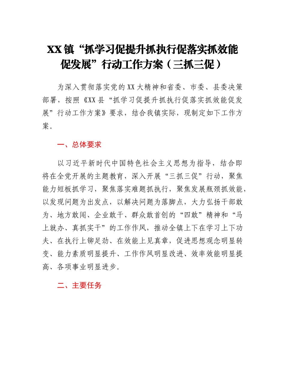 20230310：XX镇抓学习促提升抓执行促落实抓效能促发展行动工作方案.docx_第1页