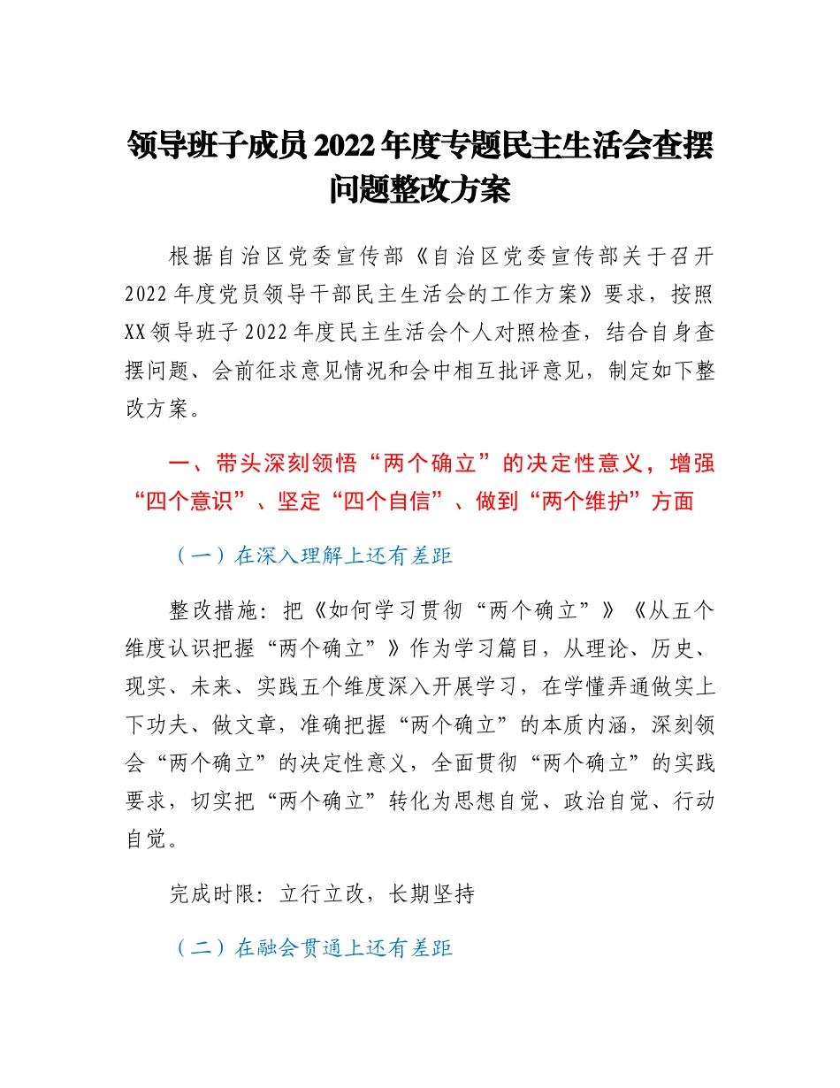 20230310：领导班子成员2022年度专题民主生活会查摆问题整改方案.docx_第1页