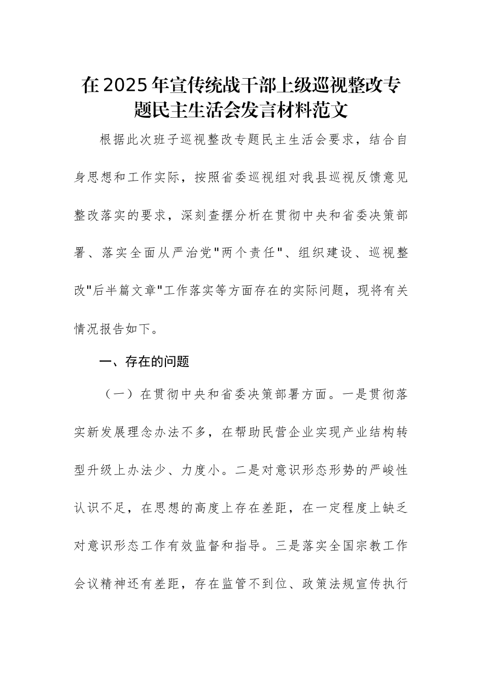 在2025年宣传统战干部上级巡视整改专题民主生活会发言材料范文.docx_第1页