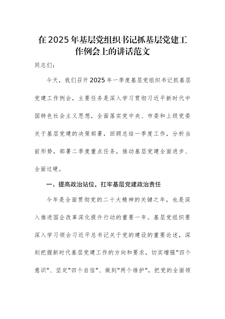 在2025年基层党组织书记抓基层党建工作例会上的讲话范文.docx_第1页