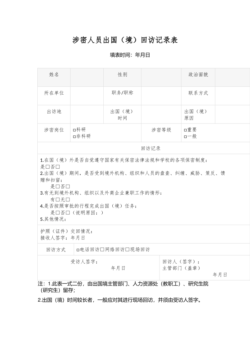 涉密人员出国（境）回访记录表.docx_第1页