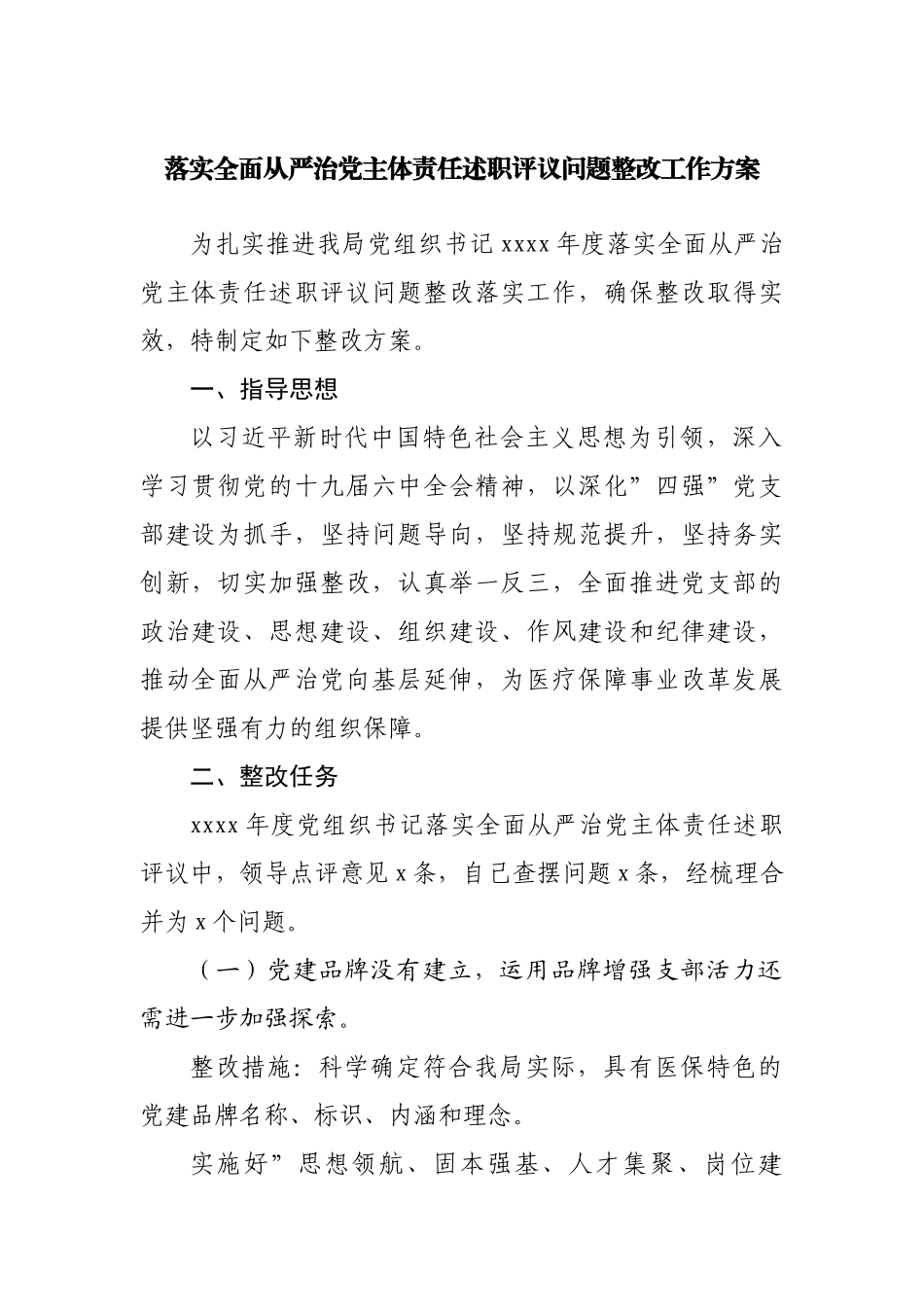 落实全面从严治党主体责任述职评议问题整改工作方案.docx_第1页