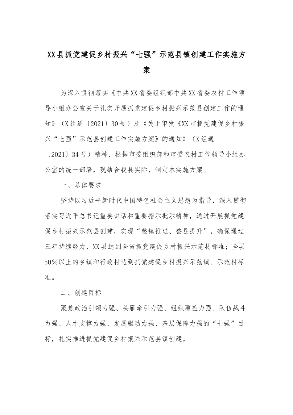 XX县抓党建促乡村振兴“七强”示范县镇创建工作实施方案.docx_第1页