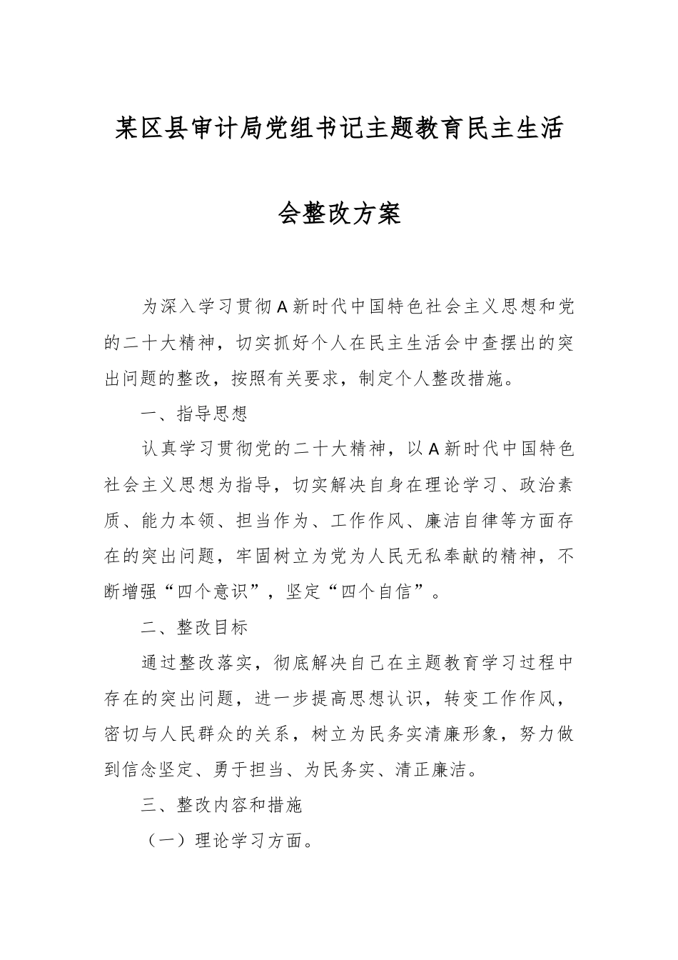 某区县审计局党组书记主题教育民主生活会整改方案.docx_第1页
