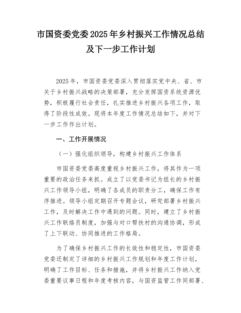 市国资委党委2025年乡村振兴工作情况总结及下一步工作计划.docx_第1页