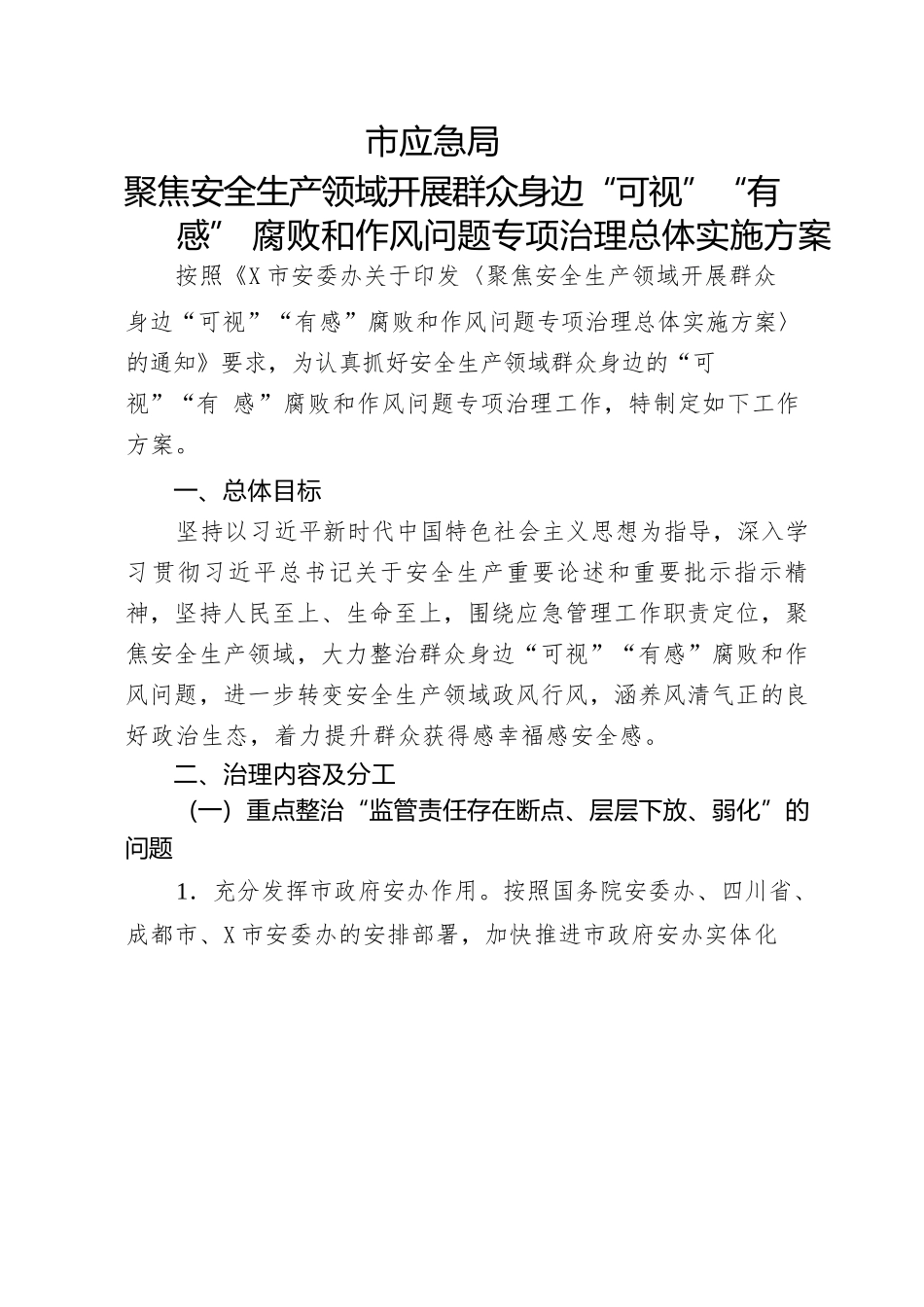 市应急局聚焦安全生产领域开展群众身边“可视”“有感” 腐败和作风问题专项治理总体实施方案.docx_第1页