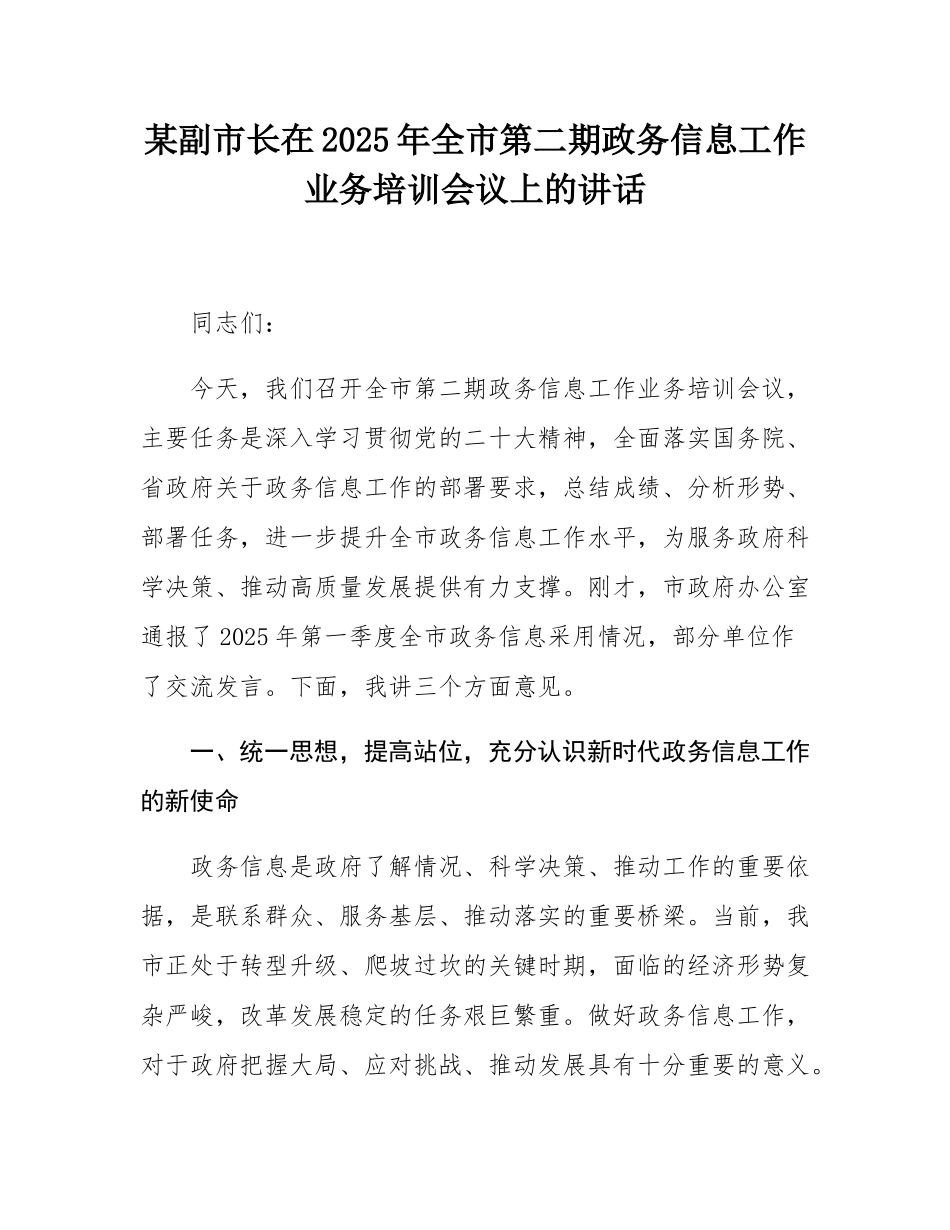 某副市长在2025年全市第二期政务信息工作业务培训会议上的讲话.docx_第1页