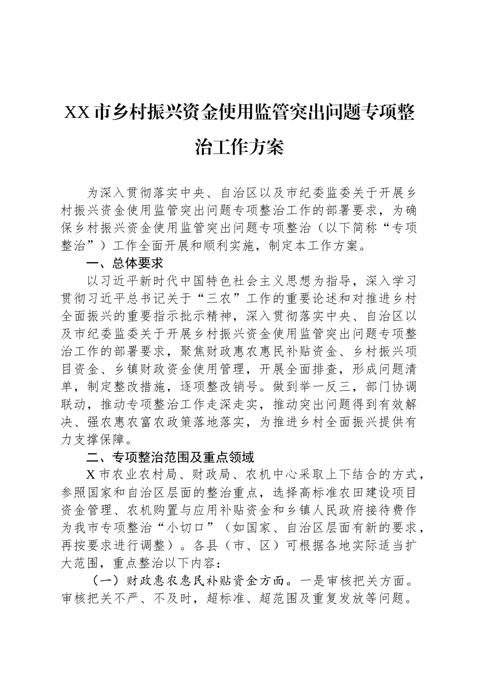 XX市乡村振兴资金使用监管突出问题专项整治工作方案.docx_第1页
