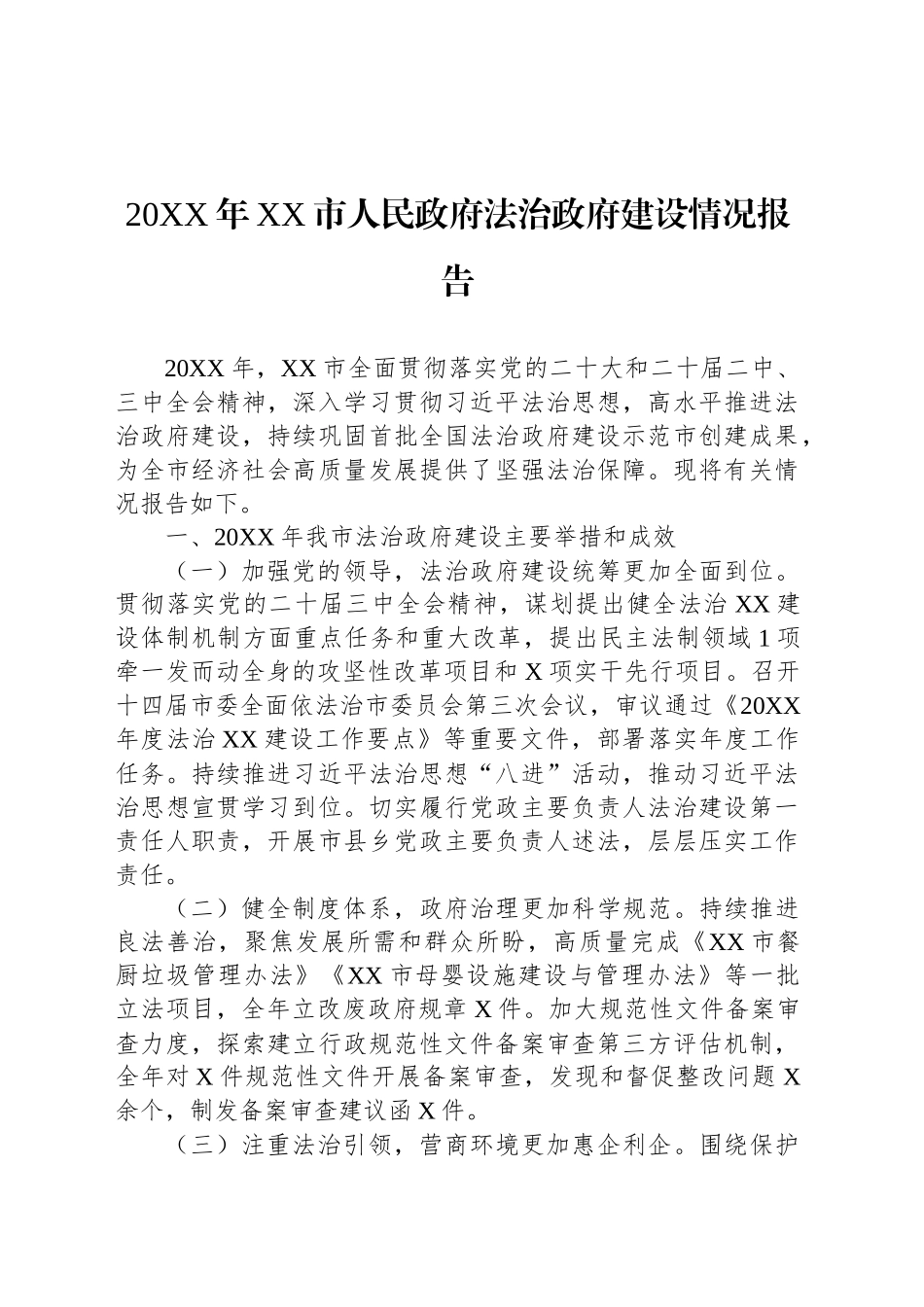 20XX年XX市人民政府法治政府建设情况报告.docx_第1页