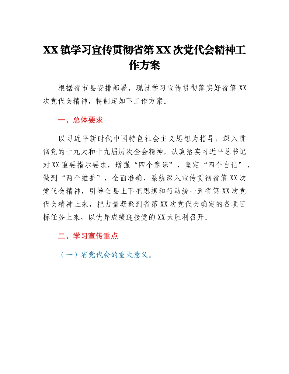 XX镇学习宣传贯彻省第XX次党代会精神工作方案.docx_第1页