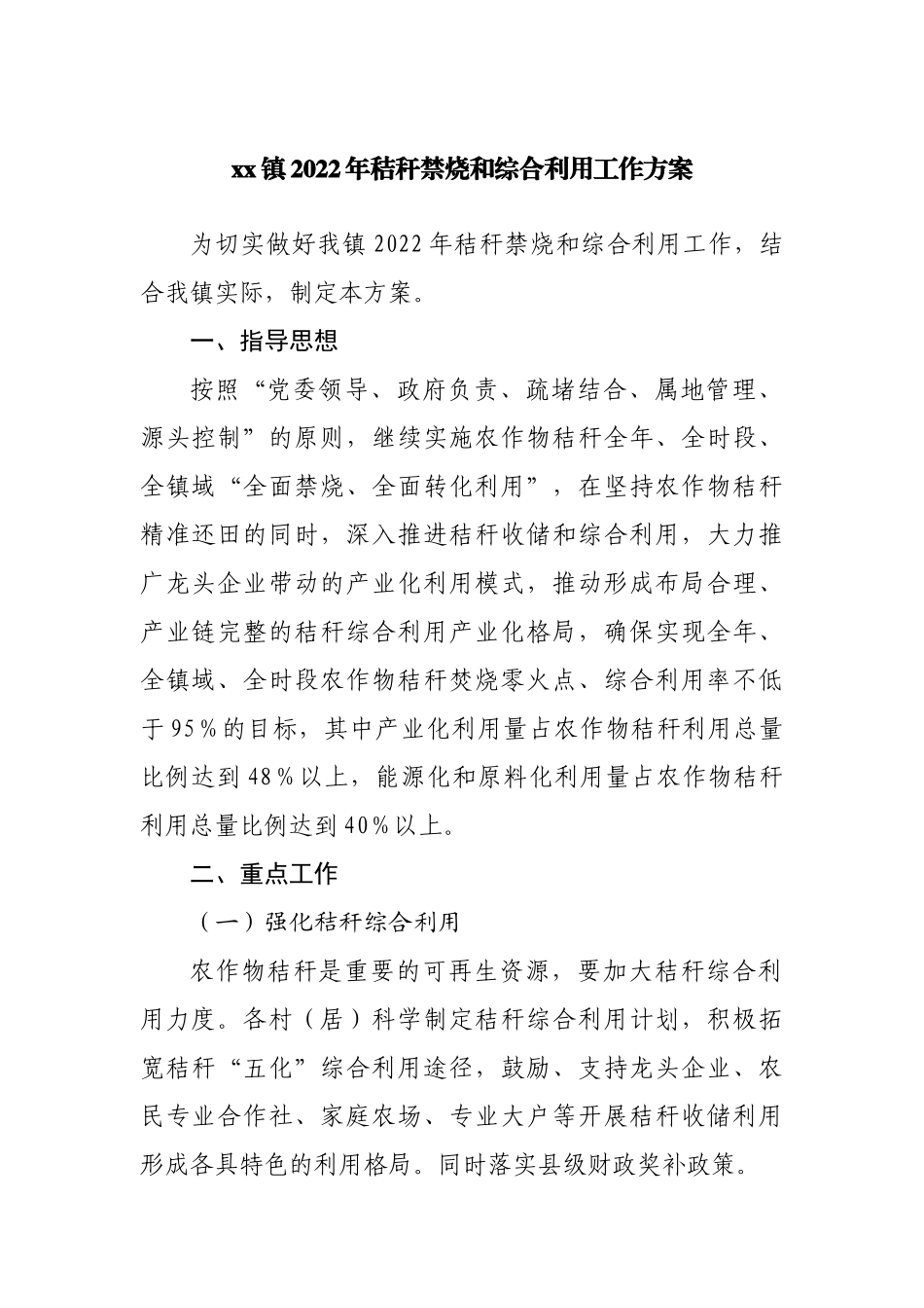 乡镇2022年秸秆禁烧和综合利用工作方案.docx_第1页