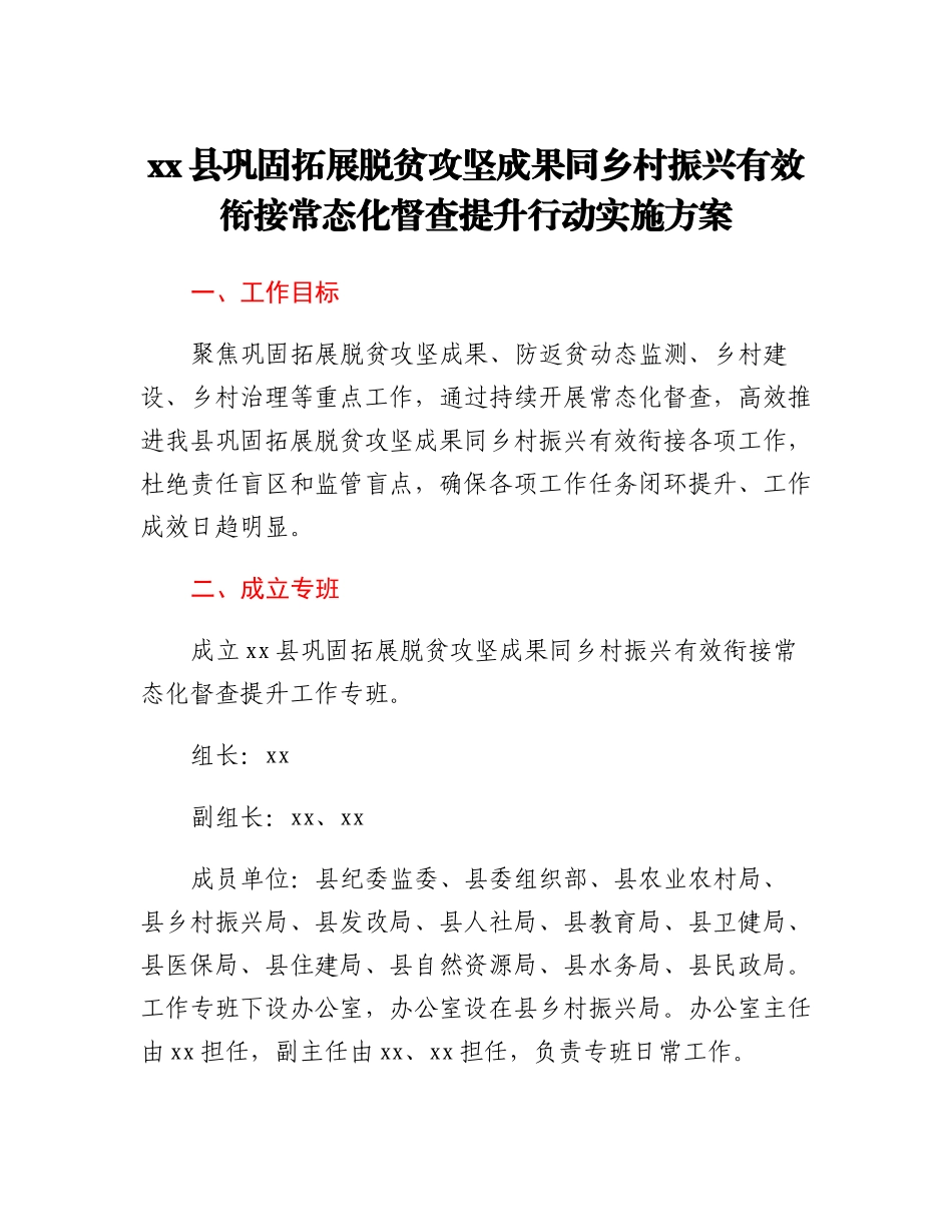 xx县巩固拓展脱贫攻坚成果同乡村振兴有效衔接常态化督查提升行动实施方案.docx_第1页