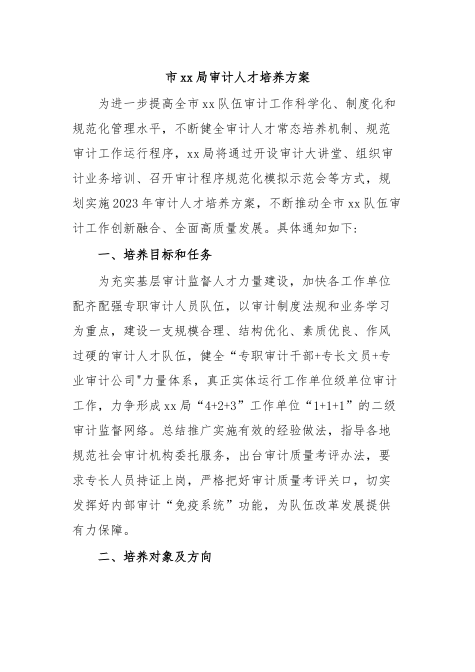 市xx局审计人才培养方案.docx_第1页