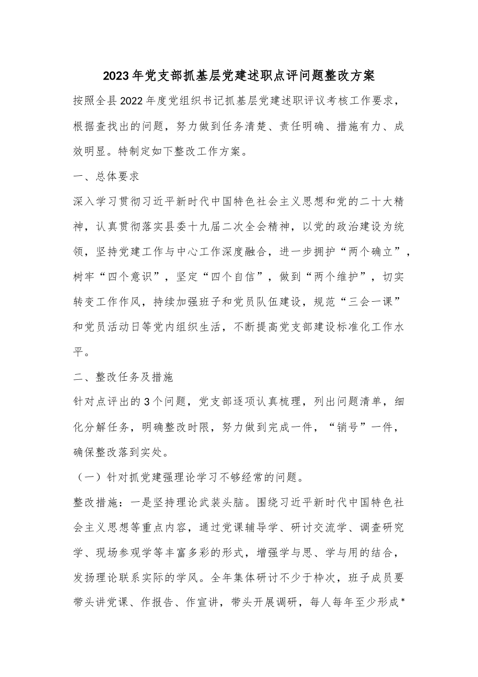 2023年党支部抓基层党建述职点评问题整改方案.docx_第1页