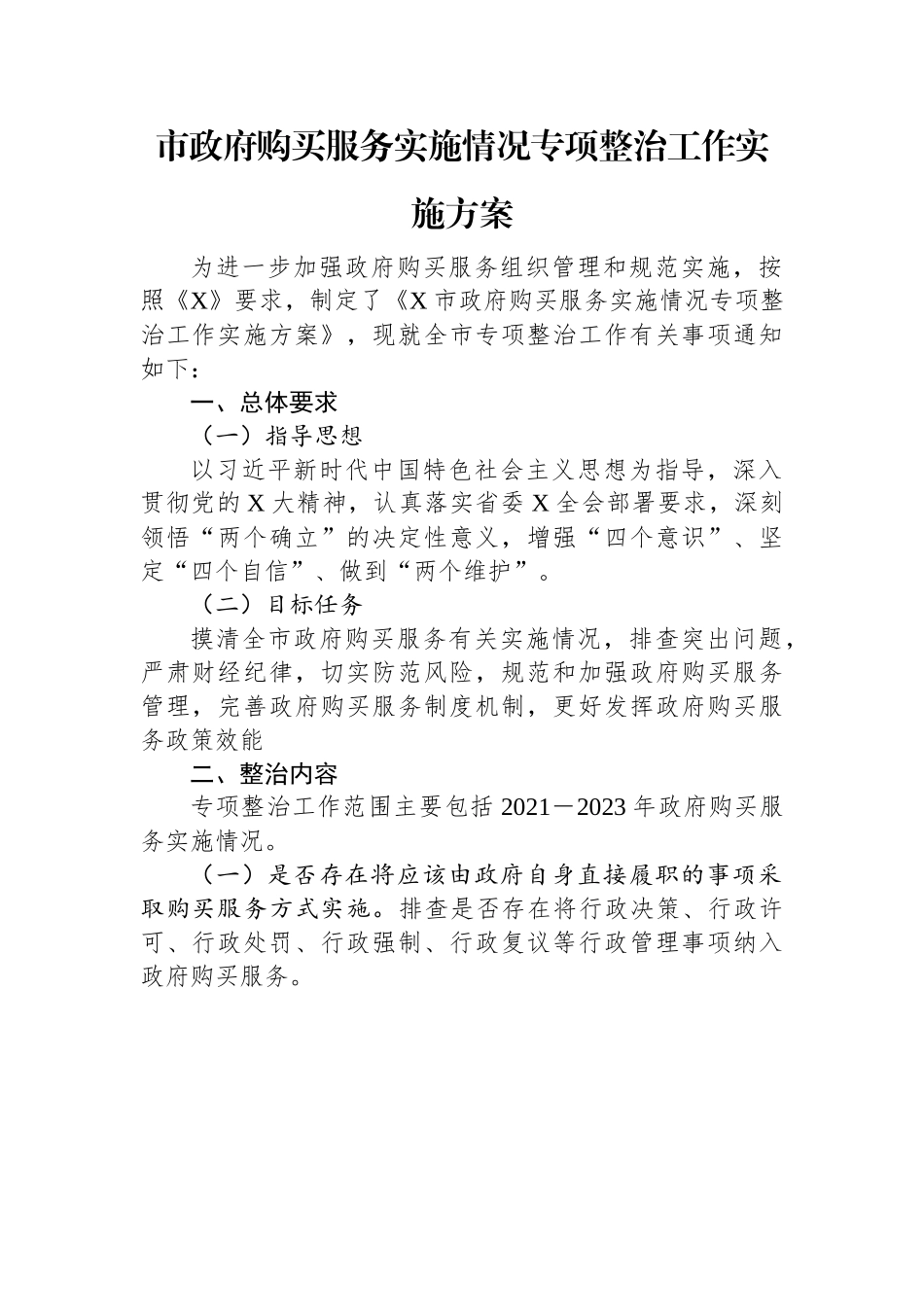 市政府购买服务实施情况专项整治工作实施方案.docx_第1页