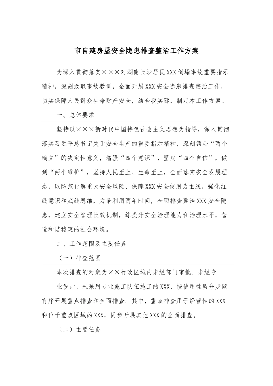 市自建房屋安全隐患排查整治工作方案.docx_第1页