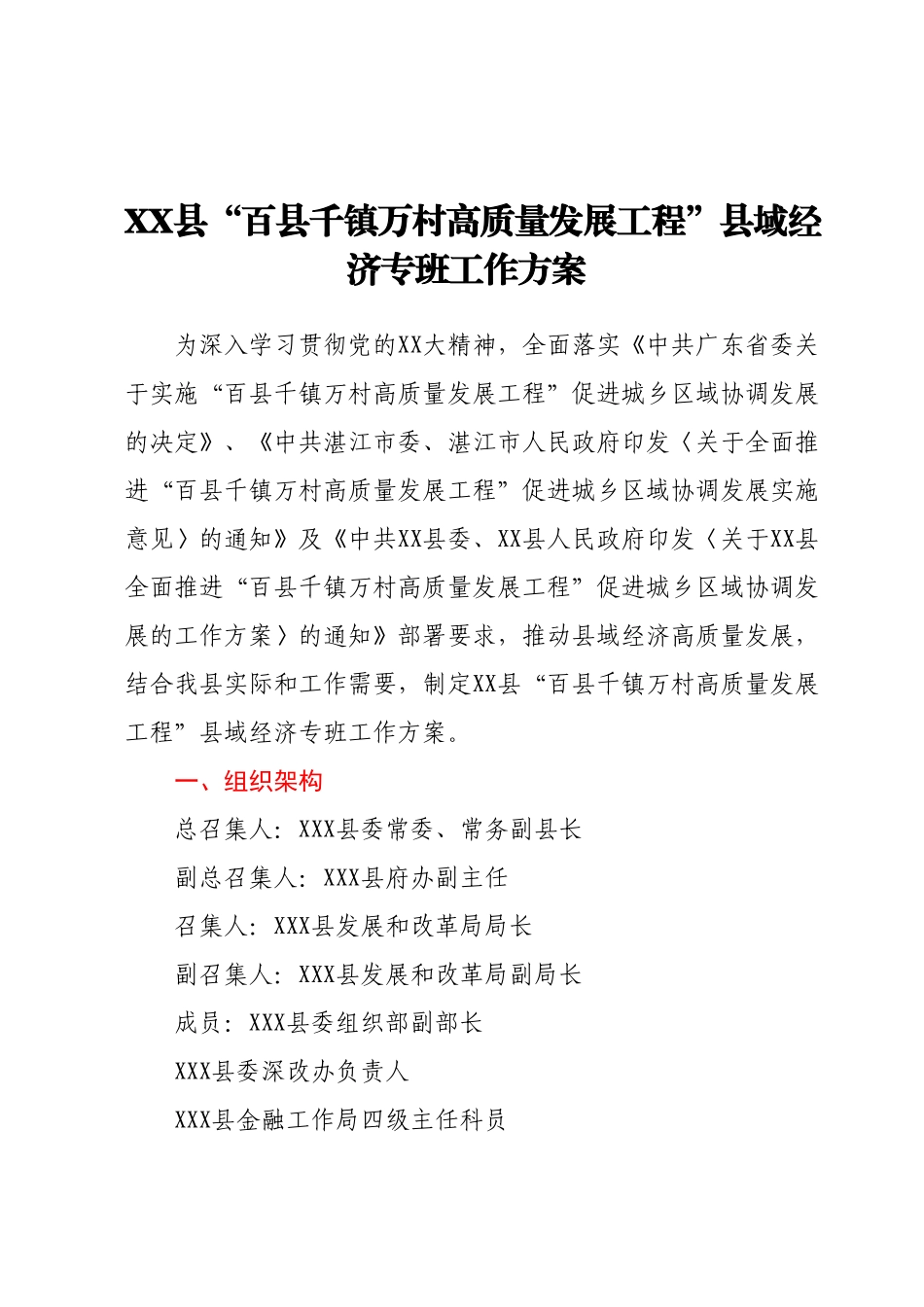 XX县“百县千镇万村高质量发展工程”县域经济专班工作方案.docx_第1页