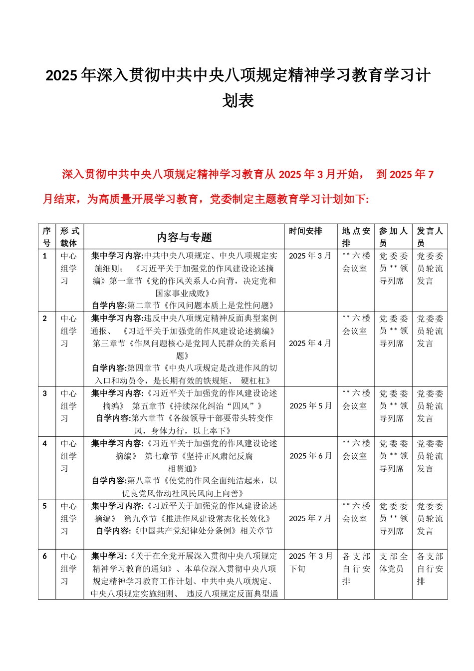 2025年深入贯彻八项规定精神学习教育学习计划表｛附：教育工作方案｝.docx_第1页