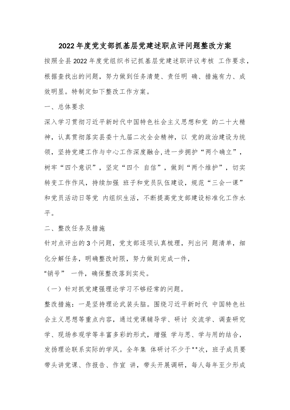2022年度党支部抓基层党建述职点评问题整改方案.docx_第1页