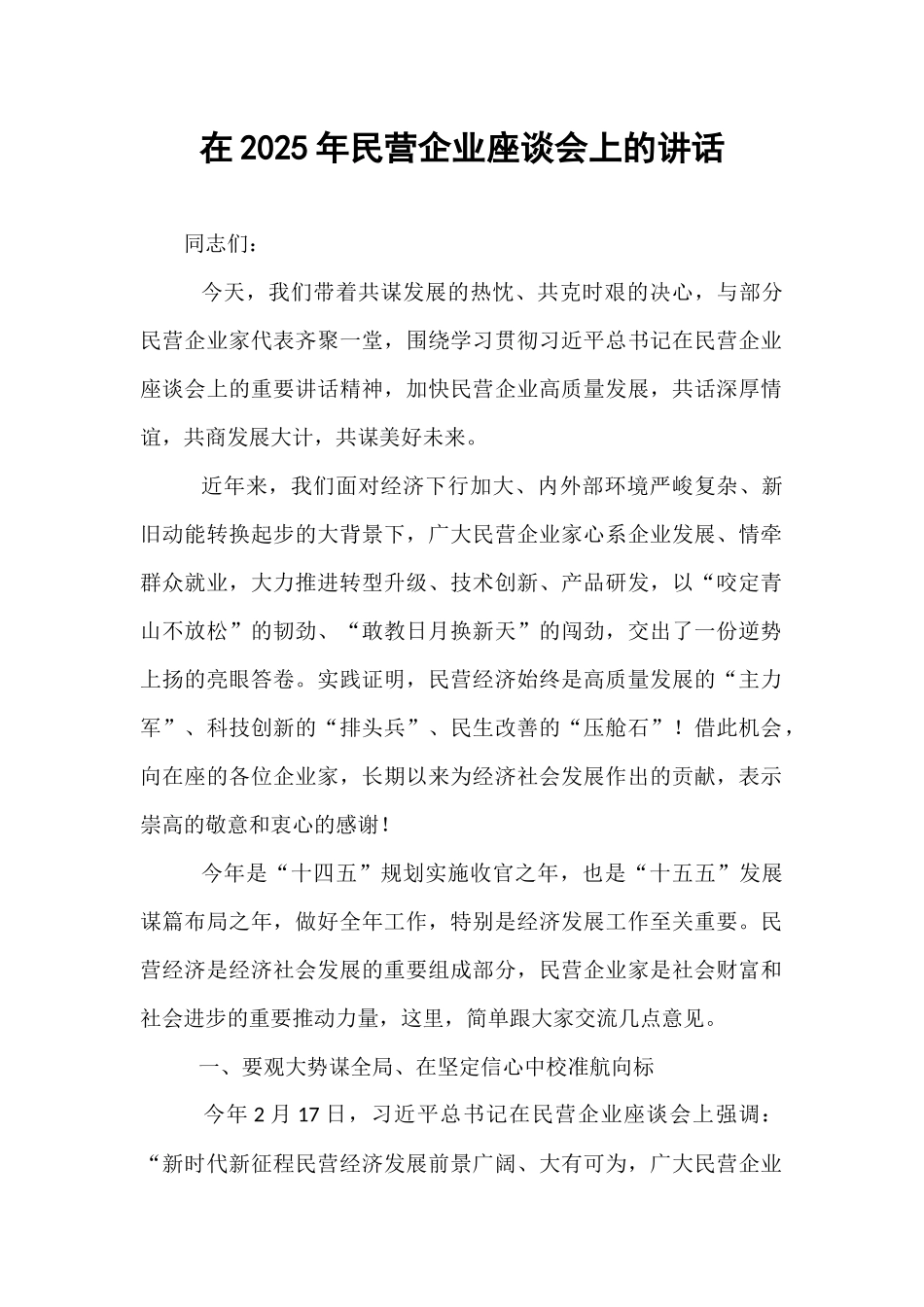 在2025年民营企业座谈会上的讲话.docx_第1页