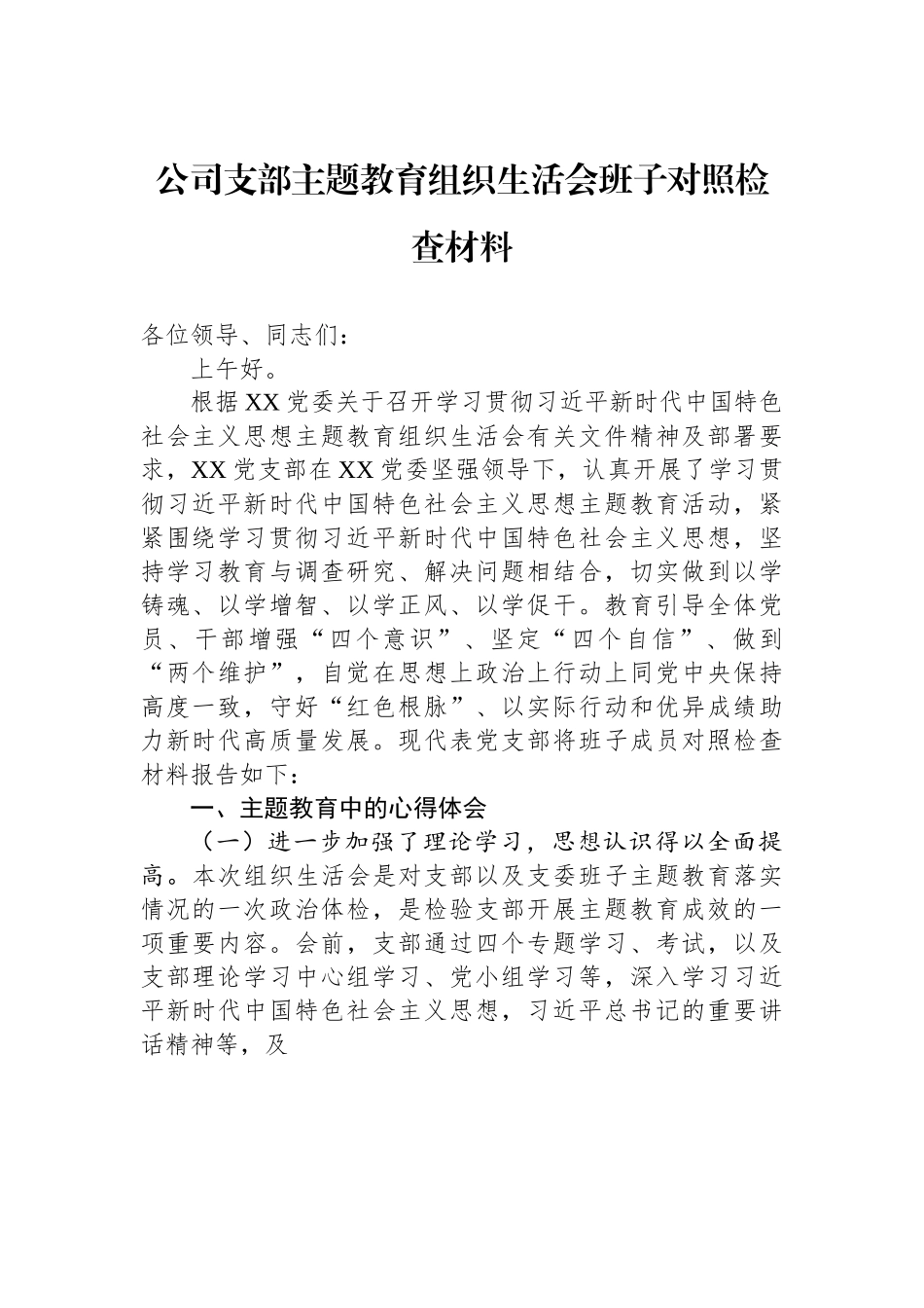 公司支部主题教育组织生活会班子对照检查材料.docx_第1页