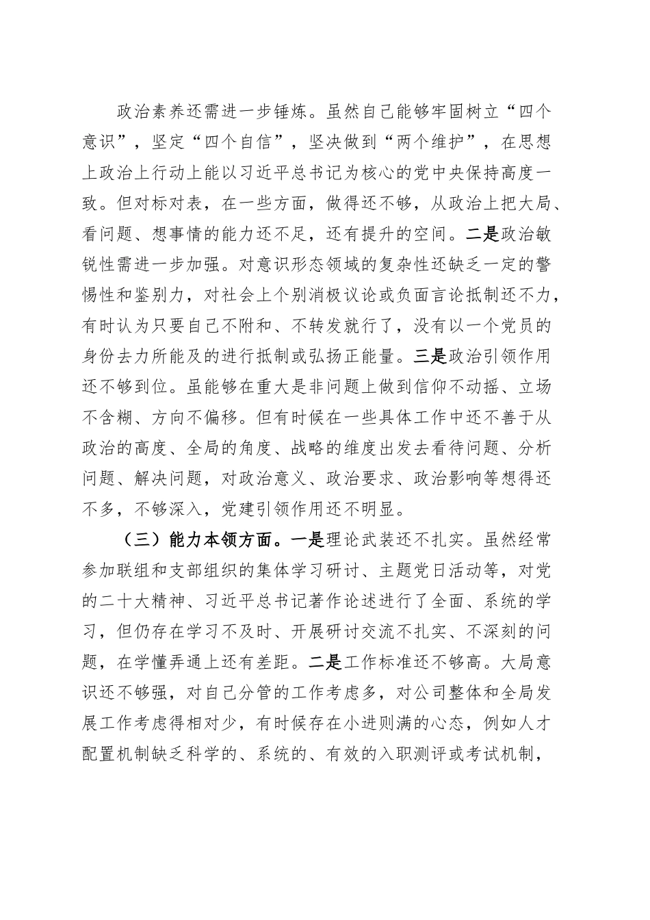 国有企业分管领导2023年主题教育专题民主生活会个人对照检查材料（学习、素质、能力、担当作为、作风，检视剖析，发言提纲，公司，六个方面）.docx_第2页