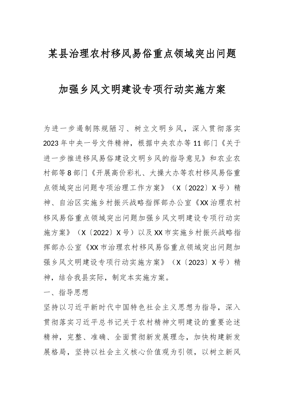 某县治理农村移风易俗重点领域突出问题加强乡风文明建设专项行动实施方案.docx_第1页