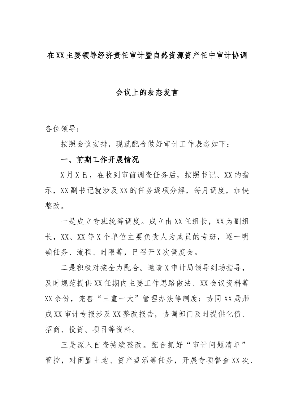 在XX主要领导经济责任审计暨自然资源资产任中审计协调会议上的表态发言.docx_第1页