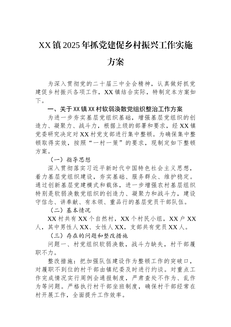 XX镇2025年抓党建促乡村振兴工作实施方案.docx_第1页