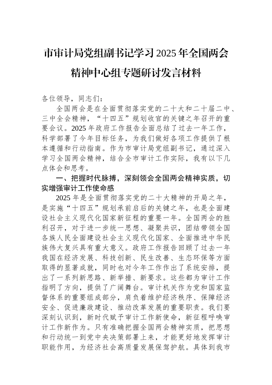 市审计局党组副书记学习2025年全国两会精神中心组专题研讨发言材料.docx_第1页