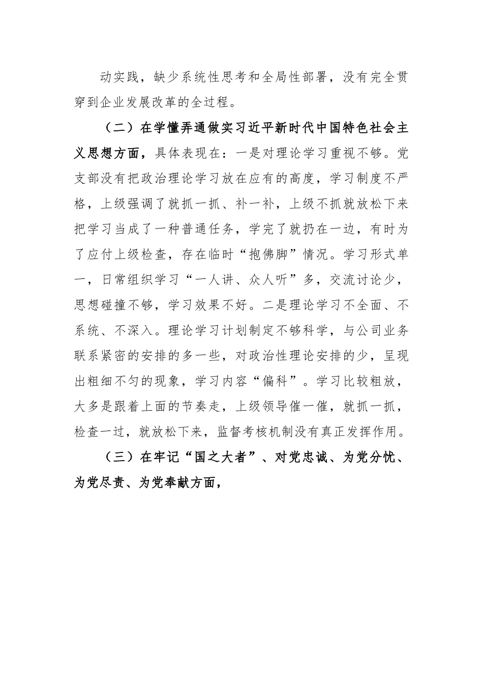 X国企公司党支部班子2022年度组织生活会对照检查材料.docx_第3页