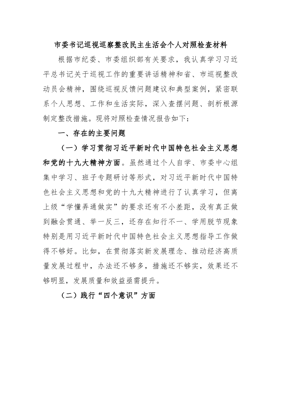 市委书记巡视巡察整改民主生活会个人对照检查材料.docx_第1页