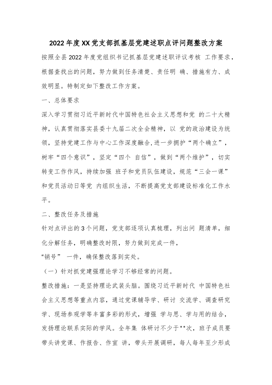 2022年度XX党支部抓基层党建述职点评问题整改方案.docx_第1页